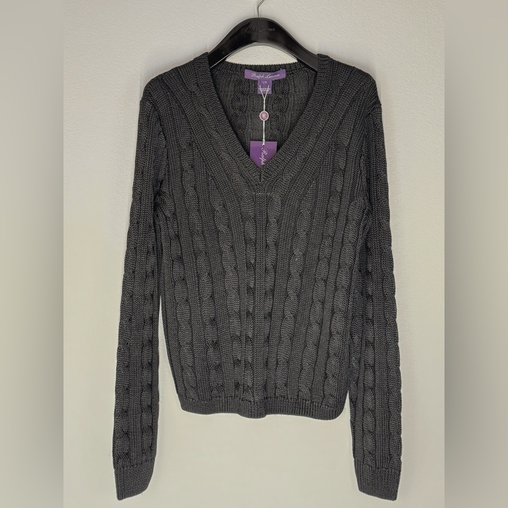 Ralph Lauren Purple Label Cable-Knit Silk V-Neck Sweater